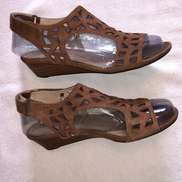 Cut-Out Suede Wedge Sandals, Sz 9M, Cognac - Picture 5 of 10